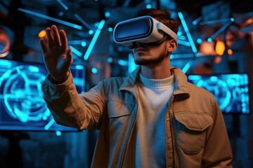 A cybersecurity analyst engages with virtual reality technology to study digital security challenges and enhance threat detection capabilities