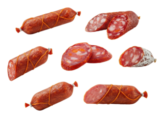 Various types of sliced and whole salami displayed against transparent background