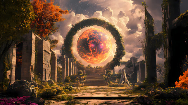 A portal to parallel realities featuring a celestial event. Parallel Universe & Alternate History. Illustration