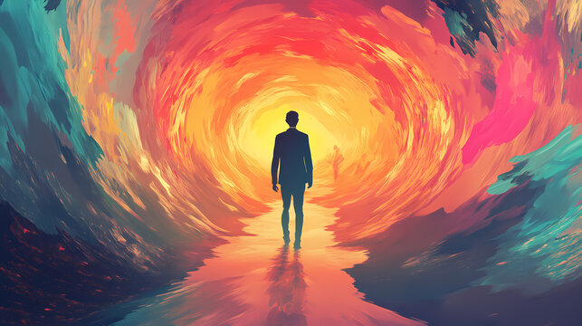 A psychedelic journey entering a surreal portal to a distorted parallel universe of colors. Parallel Universe & Alternate History. Illustration