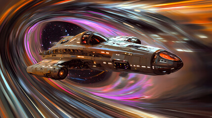 A spaceship traveling through a wormhole, with swirling colors and distorted space around it, symbolizing faster-than-light travel. Parallel Universe & Alternate History. Illustration