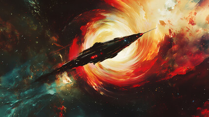 A spaceship traveling through a wormhole, with swirling colors and distorted space around it, symbolizing faster-than-light travel. Parallel Universe & Alternate History. Illustration