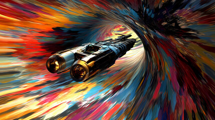 A spaceship traveling through a wormhole, with swirling colors and distorted space around it, symbolizing faster-than-light travel. Parallel Universe & Alternate History. Illustration