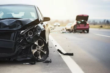 Elevated view of damaged cars on roadside after accident showing faded colors and destruction