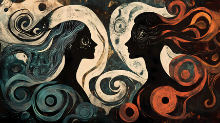 Abstract background with swirls, surrealism abstraction of love and the choice of dreams, love in a parallel universe. Parallel Universe & Alternate History. Illustration