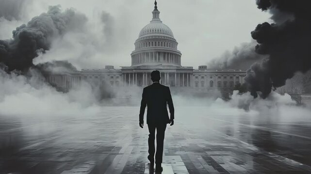 A minimalist red-and-black silhouette of a man walking up the steps toward the US Capitol as mist and smoke billow out of the building. For deep state political meme.