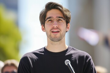 Youth leader passionately addresses the crowd at a community event focused on social progress, with trees and buildings in the background