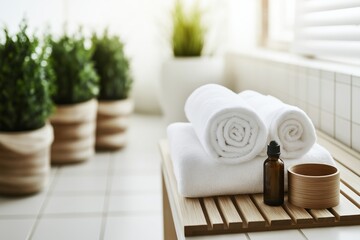 Soft white towels are neatly rolled on a wooden bench, accompanied by essential oils, creating a calming ambiance with greenery in the background