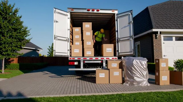 Professional mover carefully unloading cardboard boxes from large truck, standing in residential driveway during moving process with methodical efficiency and precision