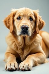 Golden retriever lying down, fluffy fur, bright eyes , gold, domestic animal