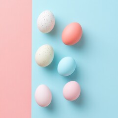 A close-up of pastel-colored Easter eggs in a simple wooden basket
