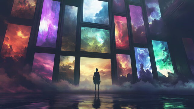 An individual stands before a wall of windows showcasing a spectrum of diverse and fantastical worlds. Parallel Universe & Alternate History. Illustration