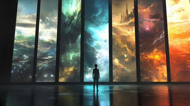 An individual stands before a wall of windows showcasing a spectrum of diverse and fantastical worlds. Parallel Universe & Alternate History. Illustration