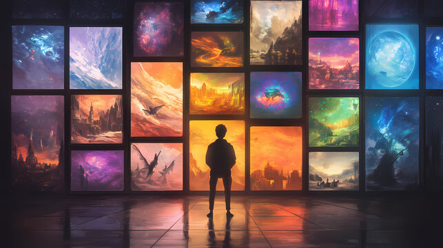 An individual stands before a wall of windows showcasing a spectrum of diverse and fantastical worlds. Parallel Universe & Alternate History. Illustration