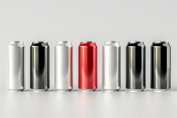 Set of 3D aluminum slim cans in silver, white, black, and red, arranged on a white background, perfect for beer can mockup templates