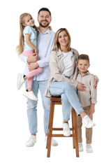 Happy parents and their children on white background