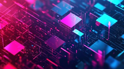 Abstract Neon Cubes Digital Network Structure