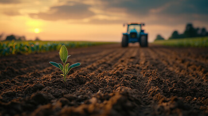 Fresh Green Sprout Emerging from Plowed Soil with a Blurred Tractor in the Background, Symbolizing Growth and Agriculture
