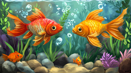 Fototapeta premium Fish in aquarium, surrealism abstraction of love and the choice of dreams, love in a parallel universe. Parallel Universe & Alternate History. Illustration