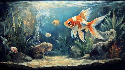 Fish in aquarium, surrealism abstraction of love and the choice of dreams, love in a parallel universe. Parallel Universe & Alternate History. Illustration