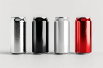 Set of 3D aluminum slim cans in silver, white, black, and red, arranged on a white background, perfect for beer can mockup templates