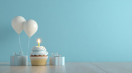 A minimalist birthday scene featuring a cupcake with a lit candle, two balloons, and a gift box, set against a soft blue background, symbolizing a joyful celebration.