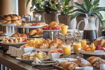 Elegant Breakfast Buffet with Fresh Pastries and Coffee. A beautifully arranged breakfast buffet featuring croissants, fresh fruit, coffee, and tea in a cozy dining setting with natural light.