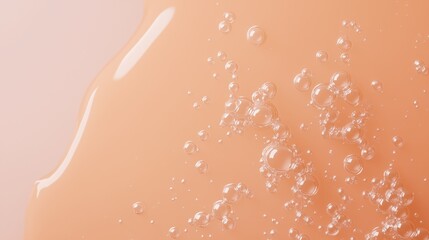 Fototapeta premium Peach Liquid with Bubbles: Abstract close-up shot of a peach-colored liquid with small air bubbles suspended within, creating a smooth, elegant texture with a subtle interplay of light and shadow.