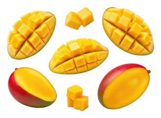 Sliced and cubed mangoes in various arrangements showcasing fresh yellow red