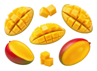 Sliced and cubed mangoes in various arrangements showcasing fresh yellow red