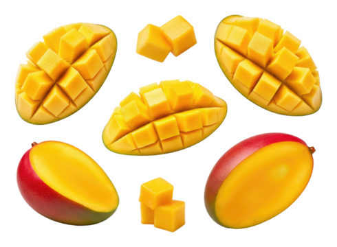 Sliced and cubed mangoes in various arrangements showcasing fresh yellow red