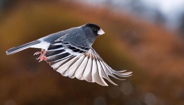 Majestic Darkeyed Junco Caught MidFlight Against a SnowCapped Mountain Landscape, A Winter Wonderland in Motion