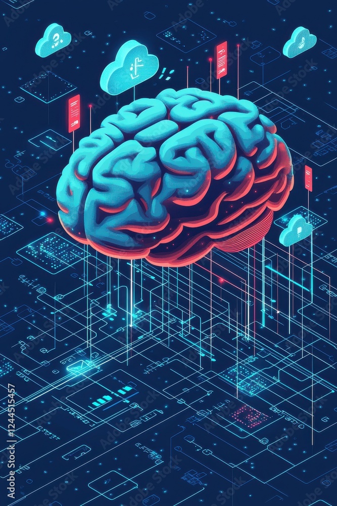 Poster illustration of a digital brain with data networks and clouds