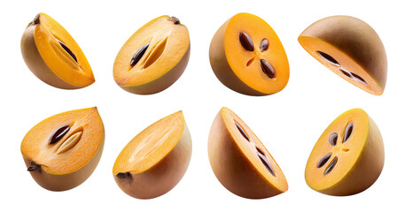 Fresh Sapodilla Slices Displayed on Dark Background with Texture, isolated on transparent background