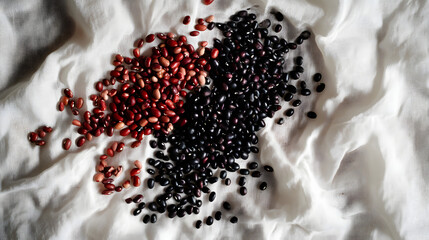 An elegant composition of dried beans from red to black hues, delicately placed on a white linen surface.