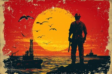 Silhouette of an oil worker against a vibrant sunset background
