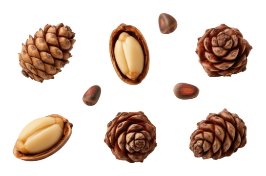 Various views of pinecones and pine nuts isolated on transparent background