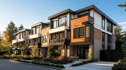 Fototapeta premium A row of contemporary townhouses featuring clean lines and large windows, set against a clear blue sky in a suburban environment