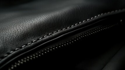 Black Leather Detail: Close-up Texture with Stitching and Zipper. High-Quality Material, Luxury Craftsmanship, Perfect for Backgrounds and Design Elements