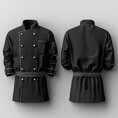 Naklejka premium Black chef uniform displayed from front and back, showcasing modern design and style