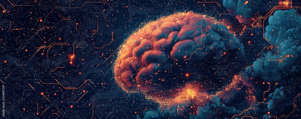 Poster futuristic brain visualization highlighting artificial intelligence and neural networks concept