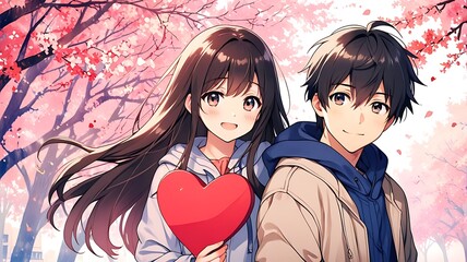 Two anime cute couple in love share a romantic heart, their faces beaming with happiness