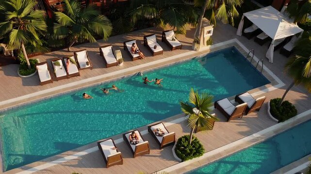 Luxurious resort pool featuring tourists vacationing, swimming and lounging on sunbeds, surrounded by lush tropical palm trees, capturing serene moments in smooth slow motion
