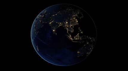 Fototapeta premium Satellite View of Earth at Night with City Lights Sparkling Across the Globe and Vast Dark Oceans Visible Between Populated Areas