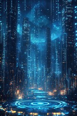 Futuristic cityscape glowing with blue lights and advanced technological themes