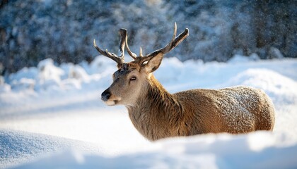 Enchanting Moment A Majestic Stag Frolics in a Tranquil Winter Wonderland, Surrounded by Pristine Snow and the Peaceful Stillness of an Early Morning