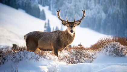Majestic Stag Braving Winters Bite Graceful Deer Frolicking in a Blanket of Fresh Snow, Showcasing the Serene Tranquility and Stark Beauty of a Frozen Forest