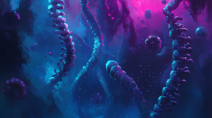 Glowing dna sequences in a virtual reality interface, floating molecules, deep blue and purple hues, cyberpunk theme, digital painting. Narrative Sequences. Illustration