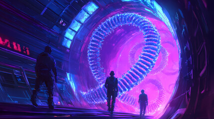 Glowing dna sequences in a virtual reality interface, floating molecules, deep blue and purple hues, cyberpunk theme, digital painting. Narrative Sequences. Illustration