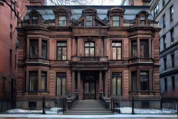 Obraz premium Grand brownstone mansion on a snowy day.